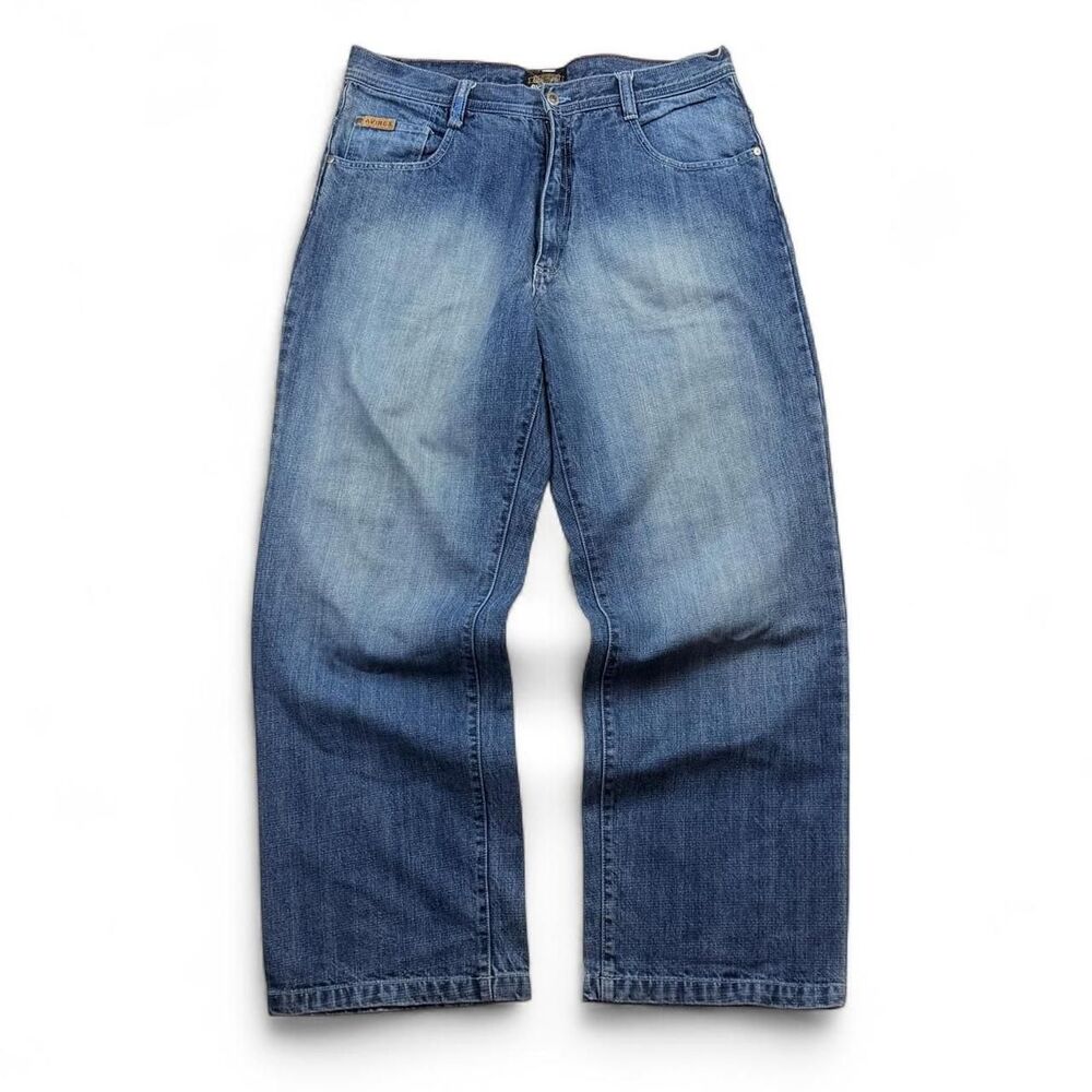 Y2K Avirex Blue Denim Jeans Whiskered Wash Baggy Leg 100% Cotton Size 36x32